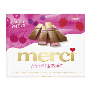 MERCI jogurti ja puuvilja täidisega šokolaadi kommikarp 250g